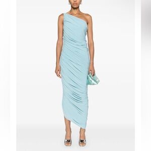 Norma Kamali Diana one-shoulder gown Powder Blue Dress midi drape Revolve XS